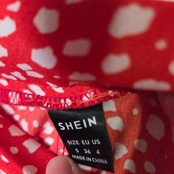 LIKE NEW SHEIN RED WHITE SPECKLED MIDI SKIRT RUFFLED BOTTOM SIZE SMALL - Picture 10 of 14